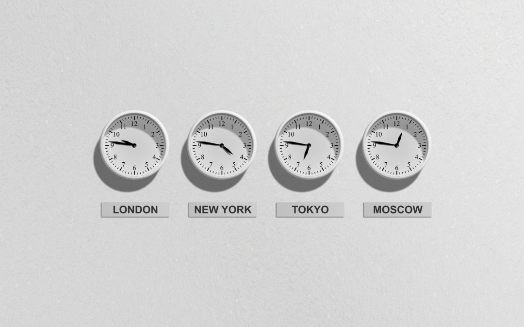 Clocks showing times all over the world