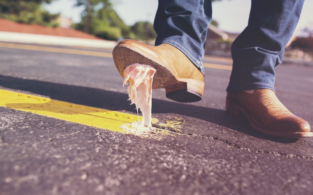 Shoe stuck in bubble gum