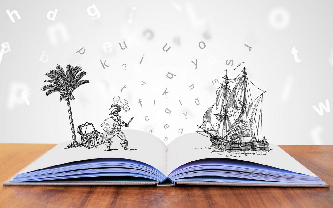 Storybook with pirate ship, pirate, tree and numerous letters coming out