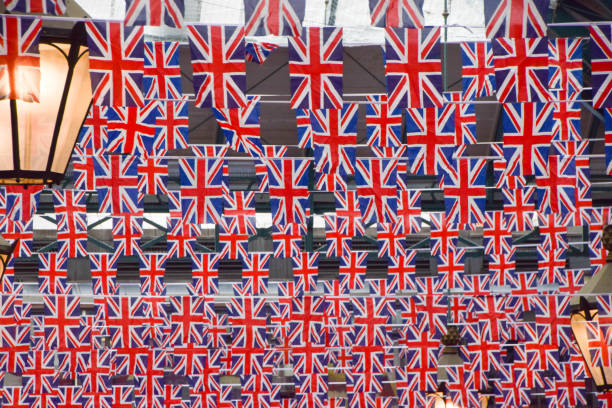 Rows of bunting with UK flag design for the coronation